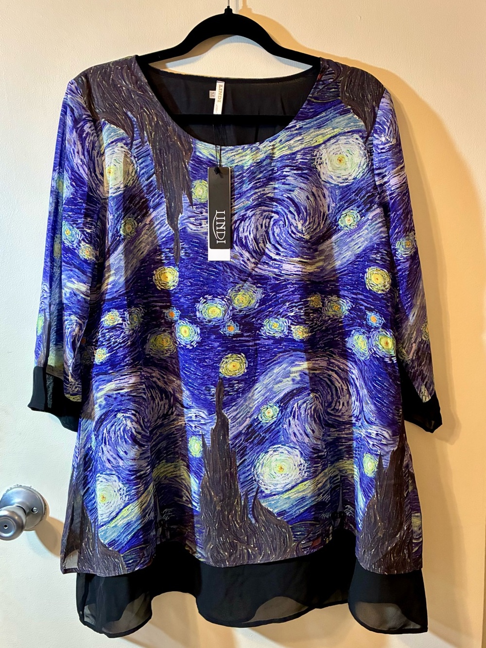 NWT Lindi Starry Night Print Tunic Top Van Gogh Artwear Chiffon Sheer Layered M